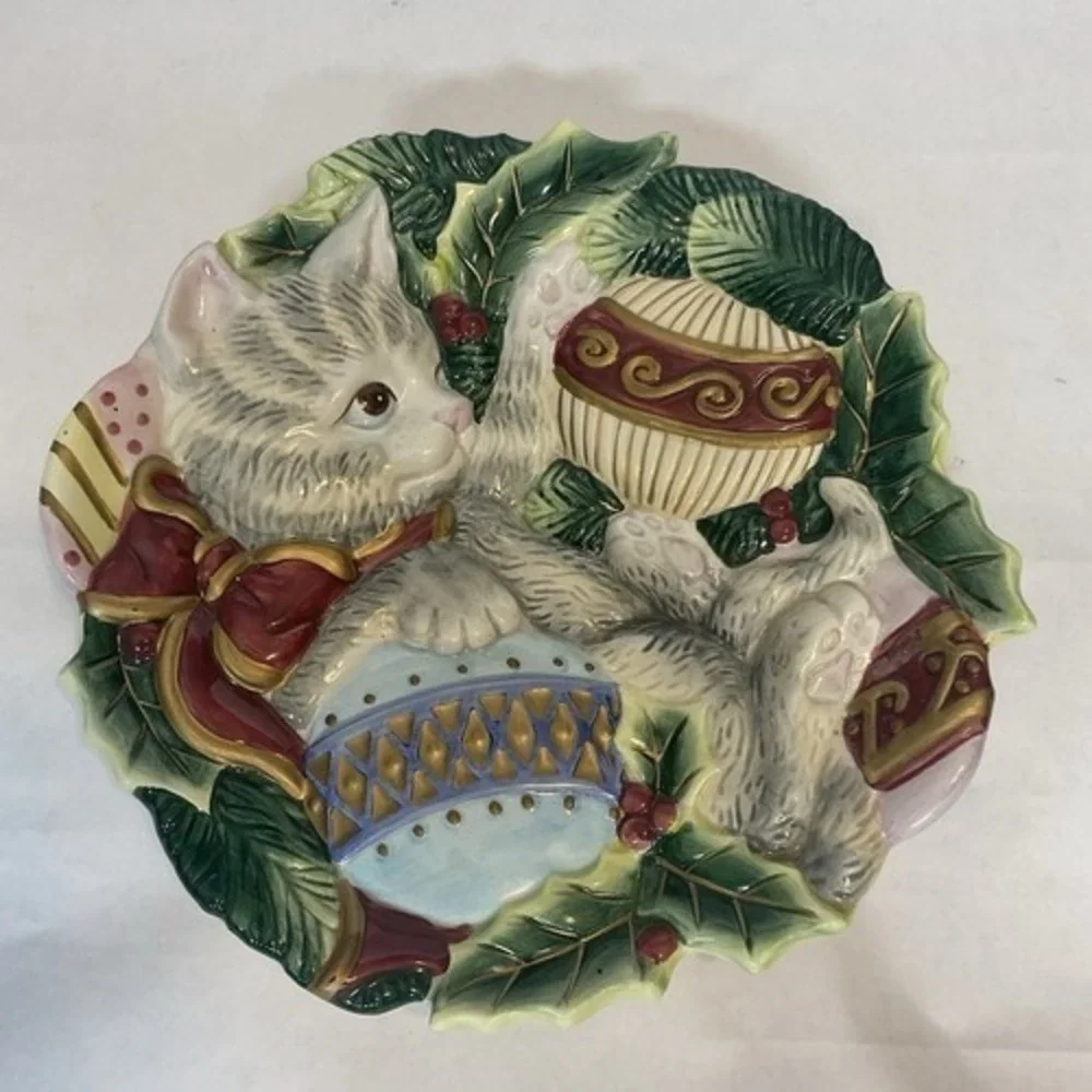 VTG Fitz and Floyd KRISTMAS KITTY Cat Christmas Holiday Canape Plate 8